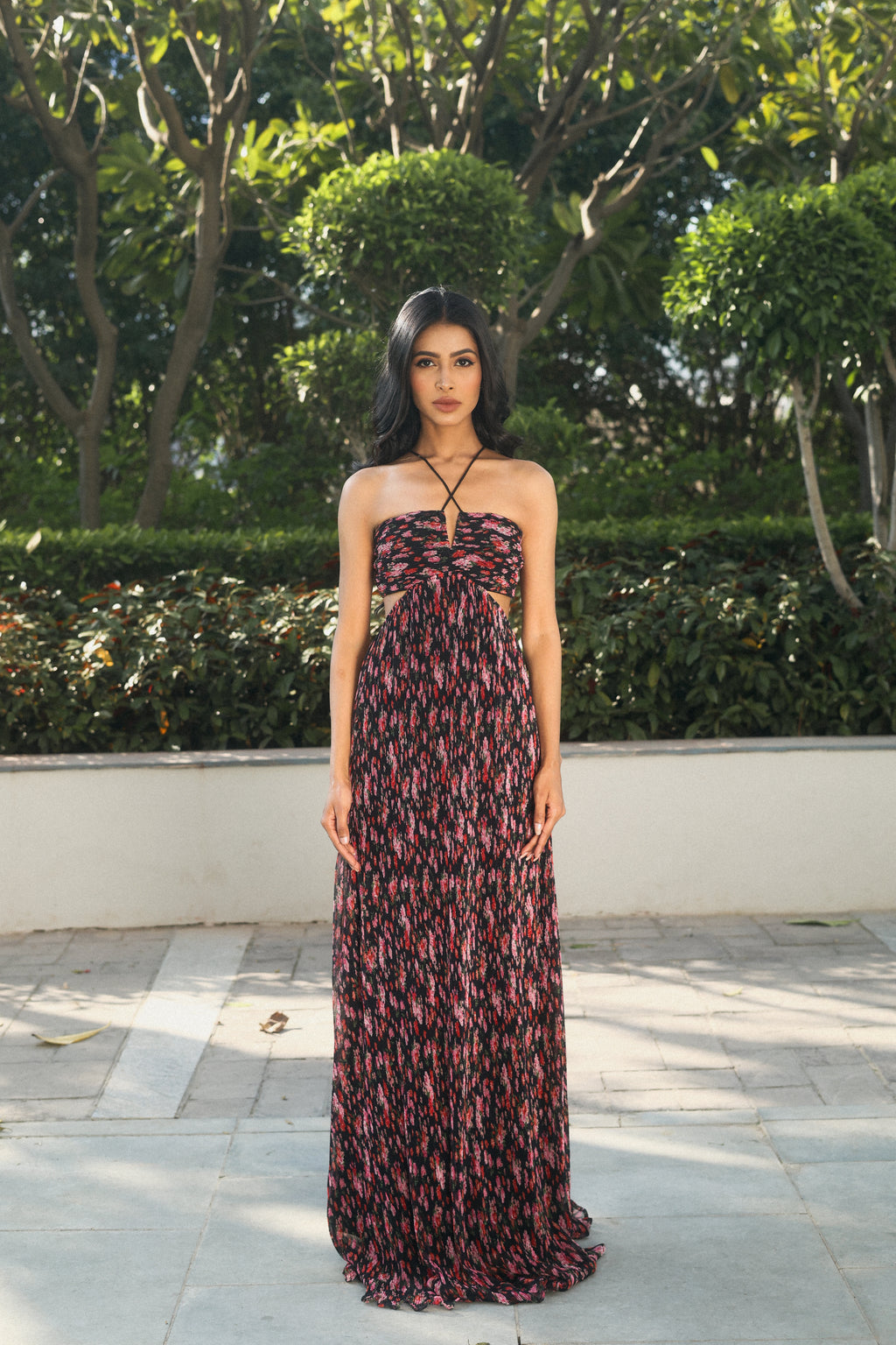 Maxi Printed Mesh Dress with Beading Neckline