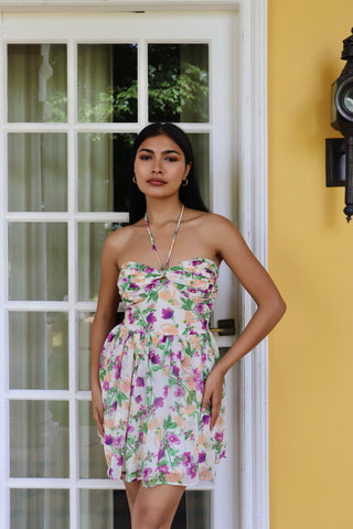 PURPLE FLORAL HALTER DRESS