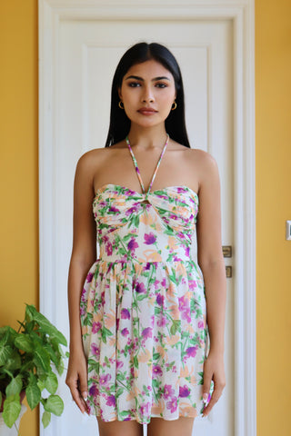 PURPLE FLORAL HALTER DRESS