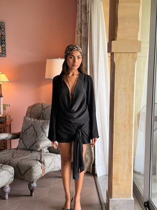 BLACK COWL TIE DRESS