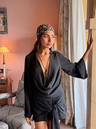BLACK COWL TIE DRESS