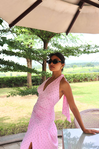 PINK POLKA HALTER MAXI DRESS