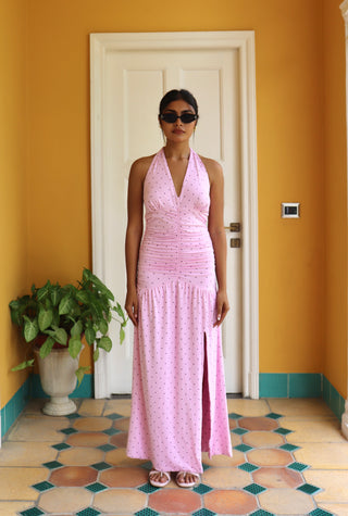 PINK POLKA HALTER MAXI DRESS