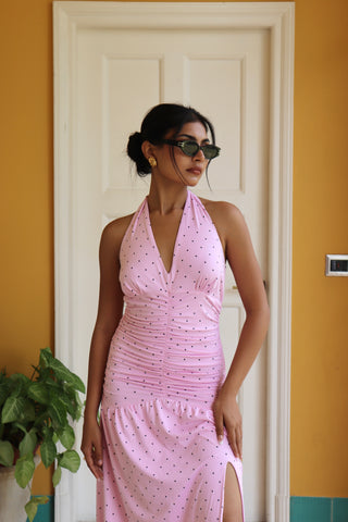 PINK POLKA HALTER MAXI DRESS