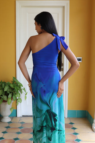AQUA ONE-SHOULDER TIE DRESS