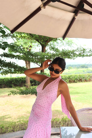 PINK POLKA HALTER MAXI DRESS