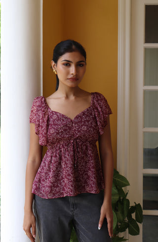 MAROON FLORAL BUTTERFLY SLEEVE TOP