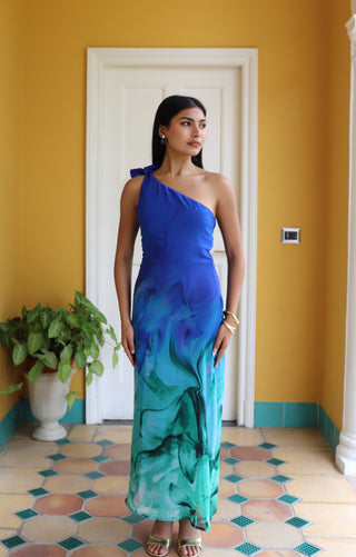 AQUA ONE-SHOULDER TIE DRESS