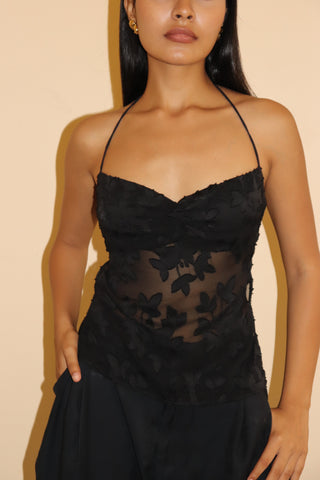 BLACK TEXTURED SHEER BACKLESS TOP