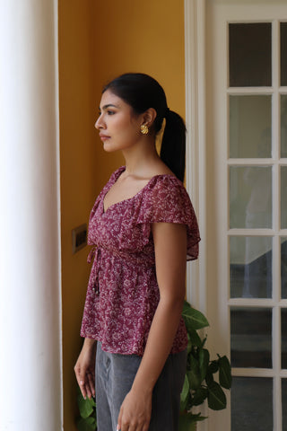 MAROON FLORAL BUTTERFLY SLEEVE TOP
