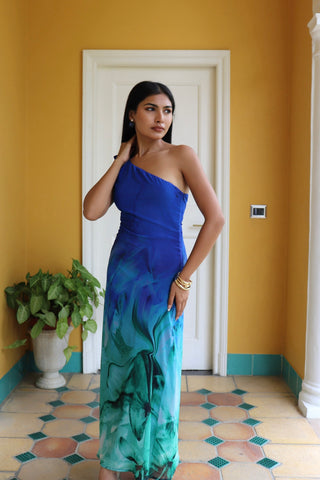 AQUA ONE-SHOULDER TIE DRESS