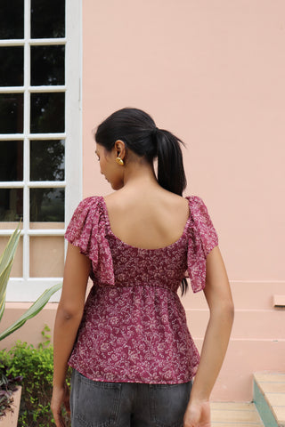 MAROON FLORAL BUTTERFLY SLEEVE TOP
