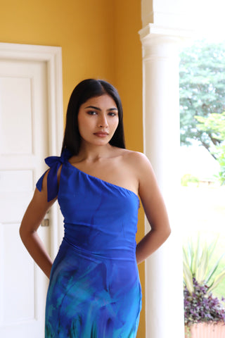 AQUA ONE-SHOULDER TIE DRESS