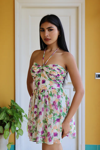 PURPLE FLORAL HALTER DRESS