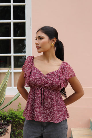 MAROON FLORAL BUTTERFLY SLEEVE TOP