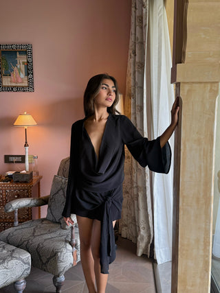 BLACK COWL TIE DRESS