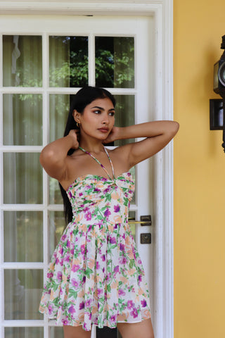 PURPLE FLORAL HALTER DRESS
