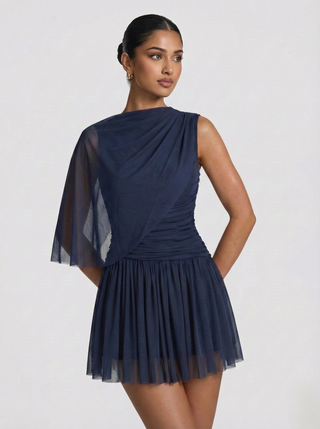 NAVY BLUE CAPE MESH DRESS