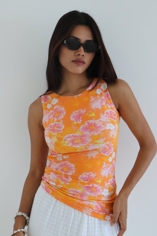 ORANGE FLORAL ASYMMETRICAL TOP