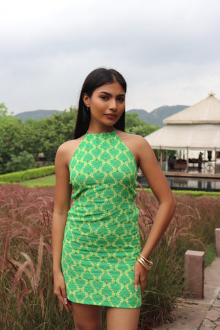 GREEN HALTER MINI DRESS
