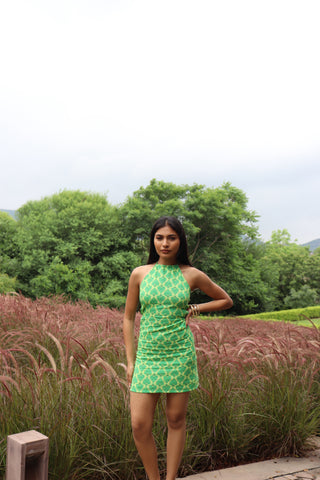 GREEN HALTER MINI DRESS