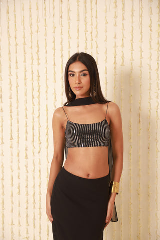 DISCO BUSTIER WITH SLEEK SKIRT + SCARF