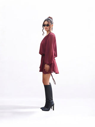 DROP DOWN BURGUNDY SHOULDER DRESS