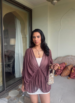 BROWN WING RUCHED TOP