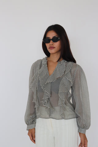 WHITE & BLACK PRINTED RUFFLE TOP