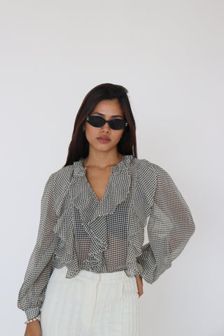 WHITE & BLACK PRINTED RUFFLE TOP