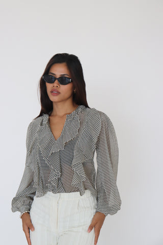 WHITE & BLACK PRINTED RUFFLE TOP