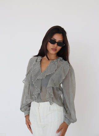 WHITE & BLACK PRINTED RUFFLE TOP