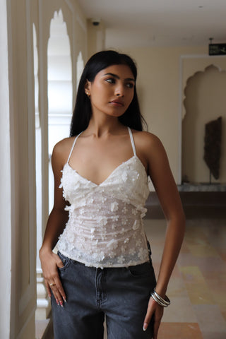 WHITE FLOWER SPARKLE BACKLESS TOP