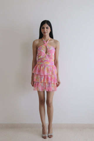 Pink Floral Tiered Dress