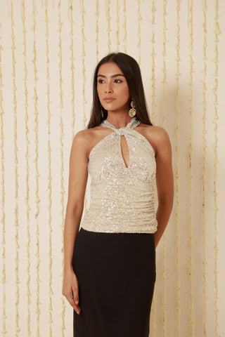 CHAMPAGNE CROSS SEQUIN TOP