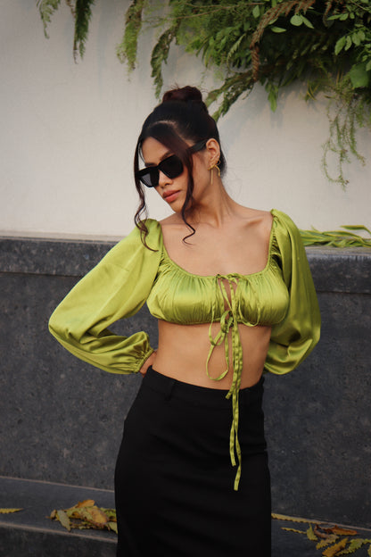 LIME GREEN GLOW SATIN CROP TOP