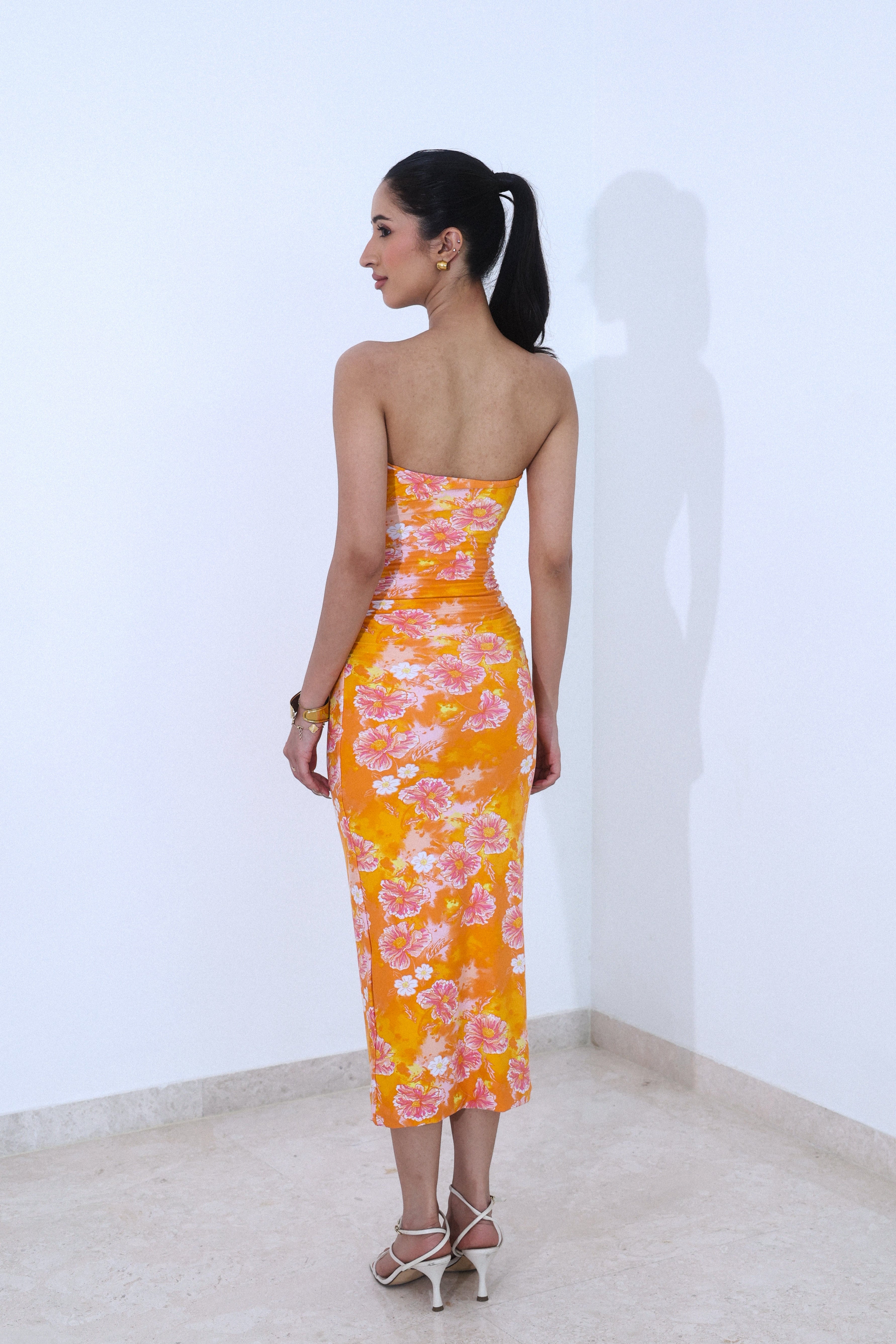 ORANGE FLORAL RUCHED BODYCON DRESS shop and yours ORANGE FLORAL RUCHED BODYCON DRESS shop and yours